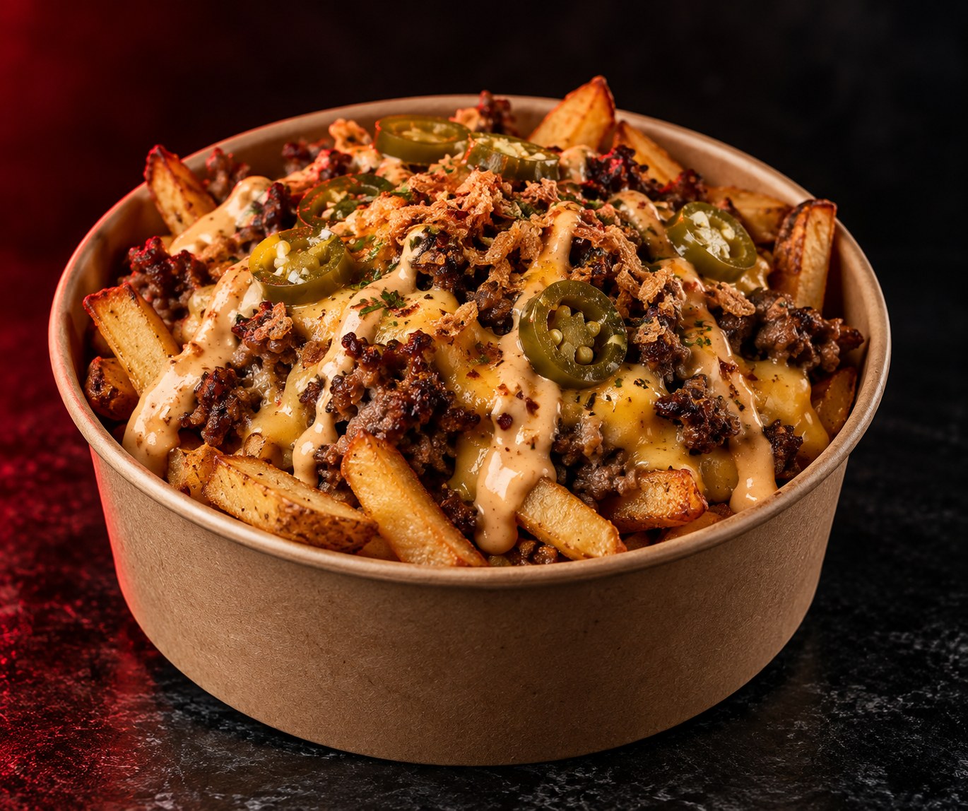 Loaded fries in a round kraft bowl